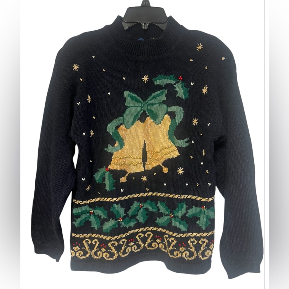 Pantger Vintage Ugly Christmas 80s Bells, Bows, & Stars Holiday Sweater size P